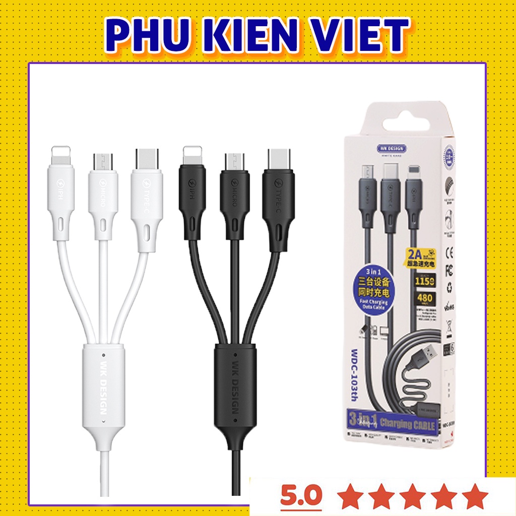 Cáp sạc 3 đầu WK WDC-103 USB micro type C lightning 3 trong 1 iPhone Samsung Huawei ViVo OPPO XIAOMI - Phụ Kiện Việt