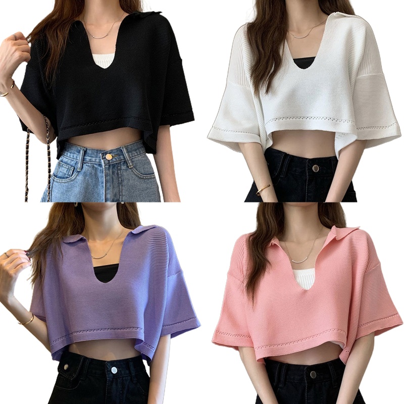 Áo Thun Crop Top Dệt Kim Cổ Chữ V Tay Ngắn Dáng Rộng Màu Trơn Quyến Rũ Cho Nữ