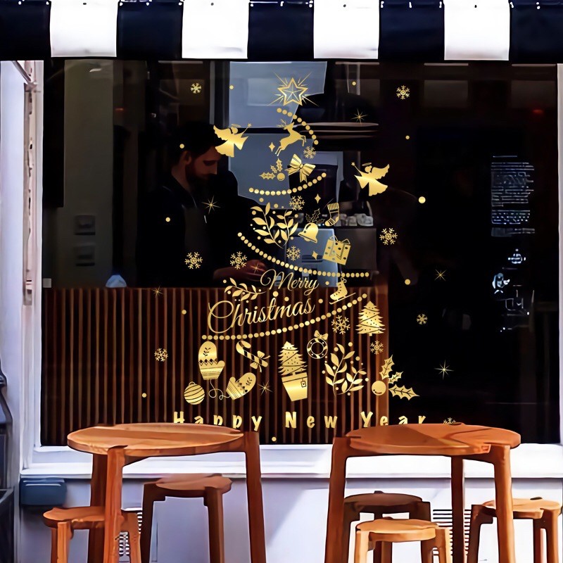 Decal trang trí Noel - Thông Phụ Kiện ánh vàng cao cấp