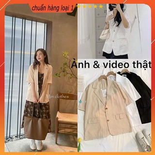 Áo blazer nữ - áo khoác vest ngoài 2 lớp Hàn Quốc dáng rộng tay cộc ngắn bigsize túi nắp công sở cá tính màu trắng đen