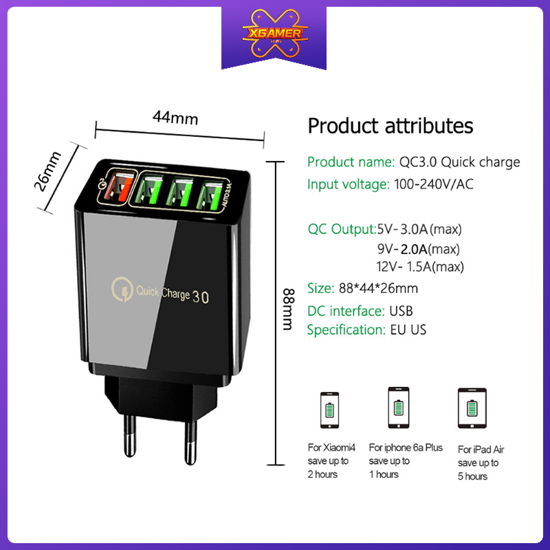 [Ready Stock]XGamer 4 In One Faster Charger Quick Charge Adapter UK EU US Plug USB Port Fast Charging Phone