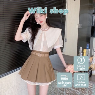 Set áo sơ mi nữ cộc tay phối chân váy tầng dáng a kèm thắt lưng freesize Wikishop tông nâu be hottrend hàn quốc C971