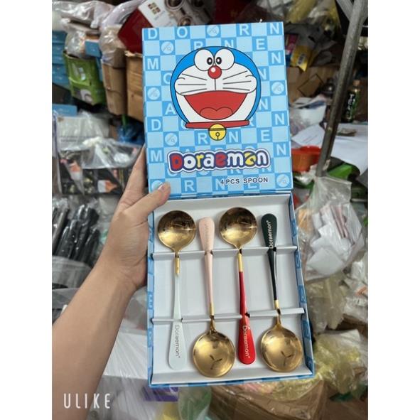 Set 4 Thìa Muỗng Doraemon Inox 304 mạ vàng Cho Bé