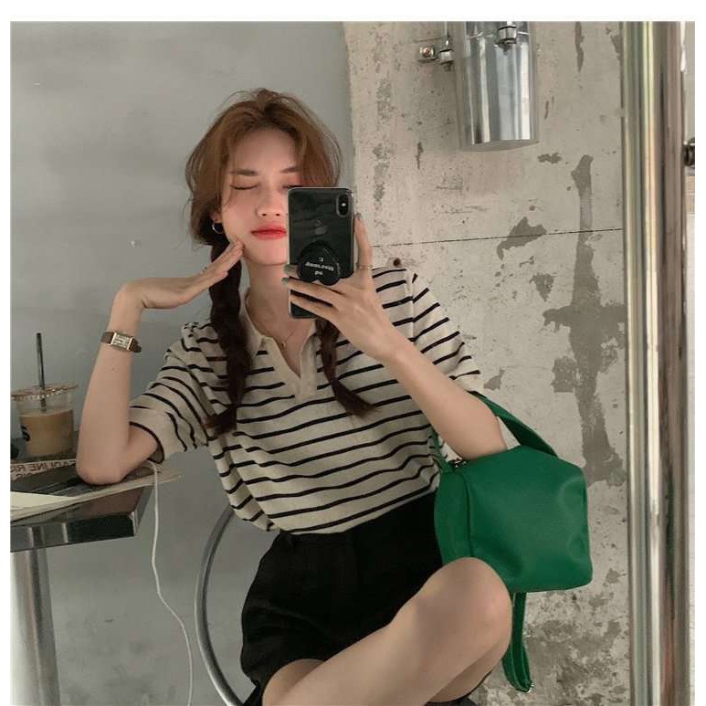 Áo Dệt Kim Tay Ngắn Cổ Chữ V Hoạ Tiết Kẻ Sọc Cho Phái Nữ 38-60kg | BigBuy360 - bigbuy360.vn