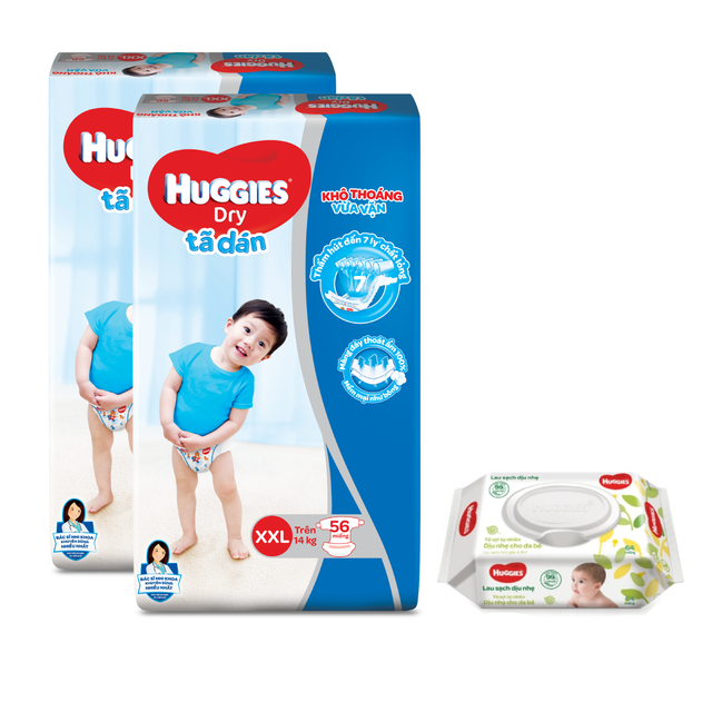 [Tặng khăn ướt 64 tờ] Combo 2 Tã dán Huggies Dry Super Jumbo M76/L68/XL62/XXL56