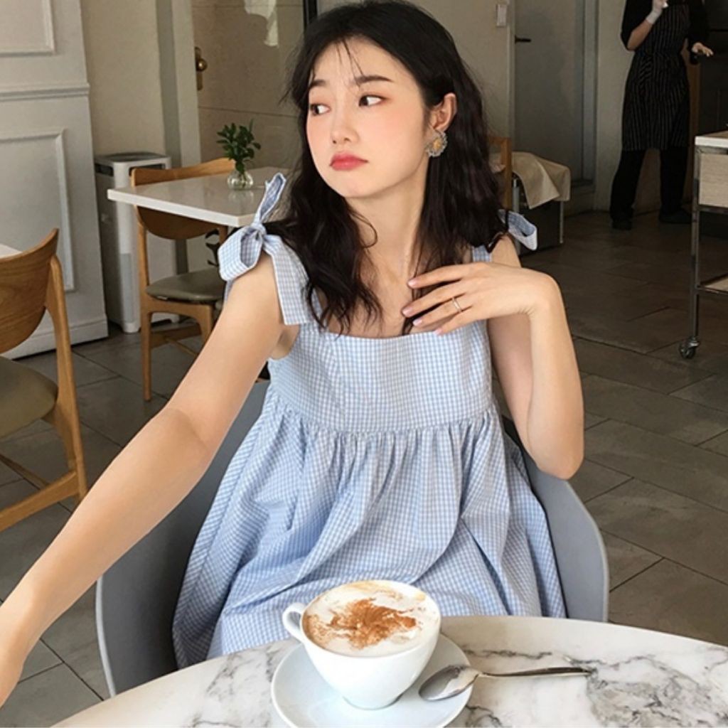 Set áo babydoll hai dây thắt nơ kẻ xanh và quần short / Set đồ ulzzang xinh freesize - Có ảnh feedback