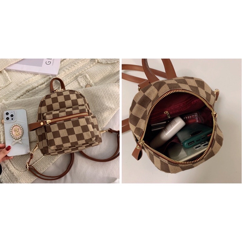 Balo nữ đẹp hoạ tiết caro 2 màu nâu đen size 21*19cm phong cách hàn quốc giá rẻ cho sinh viên học sinh-TM30
