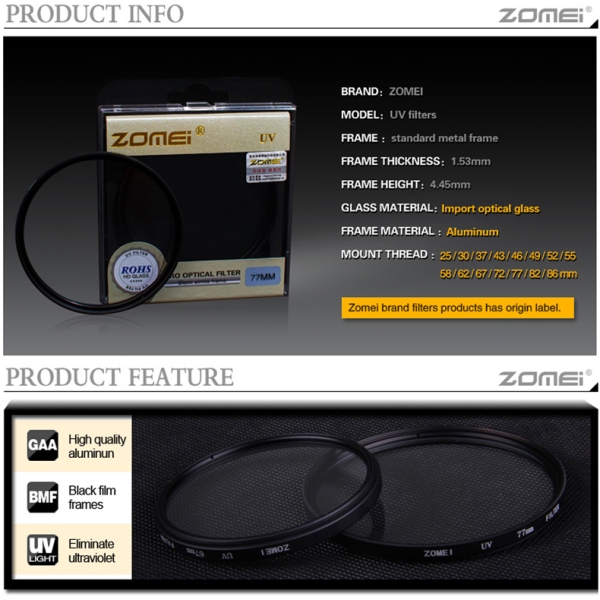 ZOMEI Ultra-Violet UV Filter Lens Protector for SLR DSLR Camera