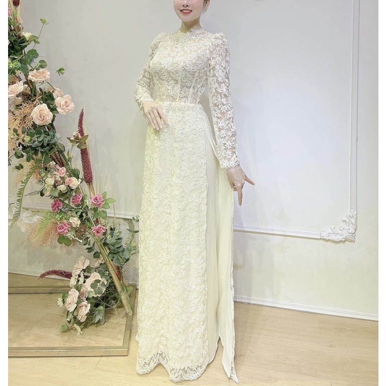 Áo dài  cưới cô dâu 4 tà ren xốp có đính kết như hình