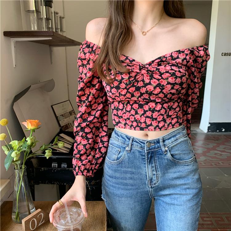 Áo kiểu trễ vai tay dài dáng ôm in họa tiết hoa thanh lịch dành cho nữ | BigBuy360 - bigbuy360.vn