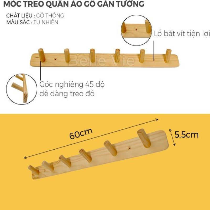 Móc treo quần áo gỗ gắn tường Hương Anh decor giá treo đồ đa năng nhập khẩu gồm 6 móc treo