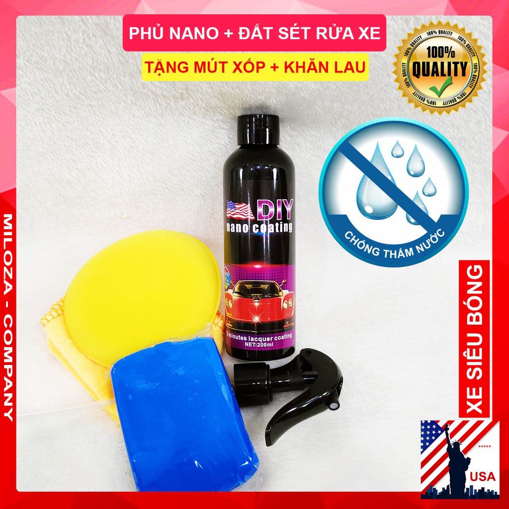 [NANO + ĐẤT SÉT RỬA XE] Dung Dịch Phủ Nano Xe Ô tô - Chống Nước Bẩn, Tăng Độ Bóng Sơn Xe - DIY - Công Nghệ MỸ - MILOZA