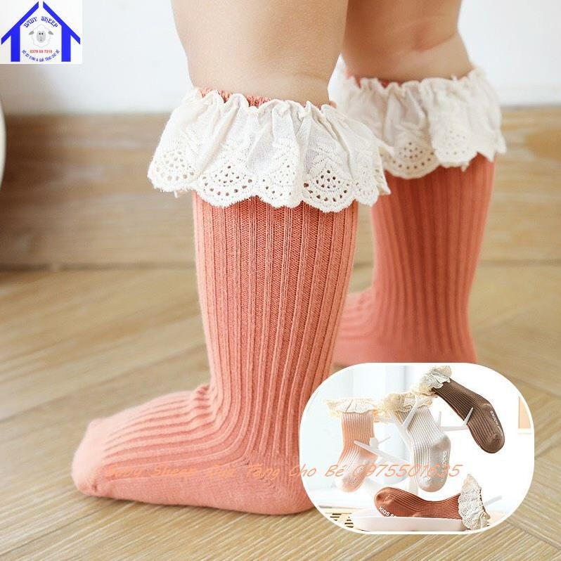 Tất Hàn Quốc cao cổ cho bé gái 0-3 tuổi chất liệu cotton phối ren xinh xắn cho bé gái