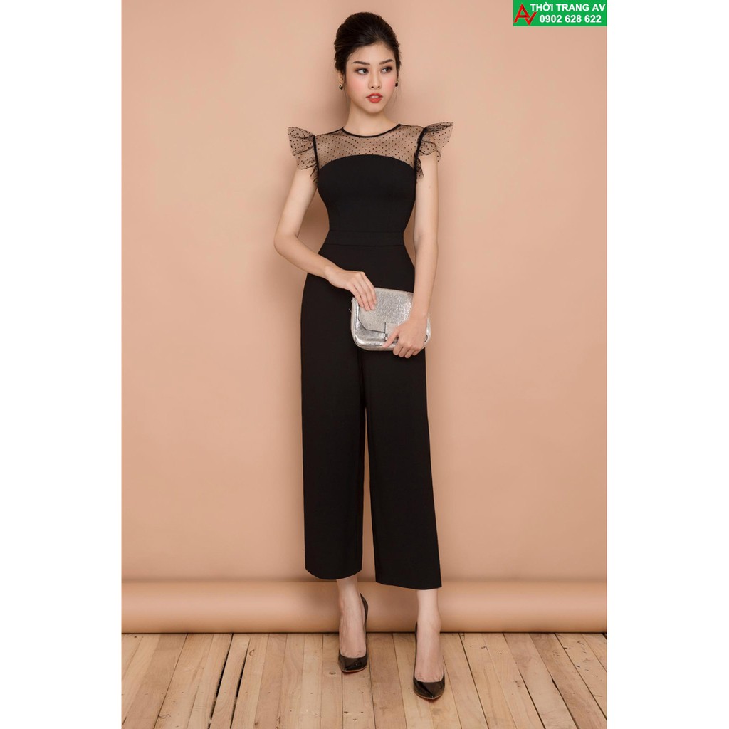 Jumpsuit - Đồ bay dài ống suông phối lưới chấm bi cực hot - AV5993