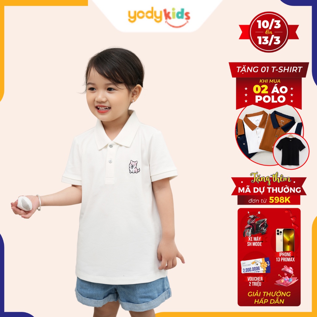 Áo thun polo YODY cho bé chất liệu cotton, cá sấu co giãn 4 chiều, thêu hình gấu APK5028