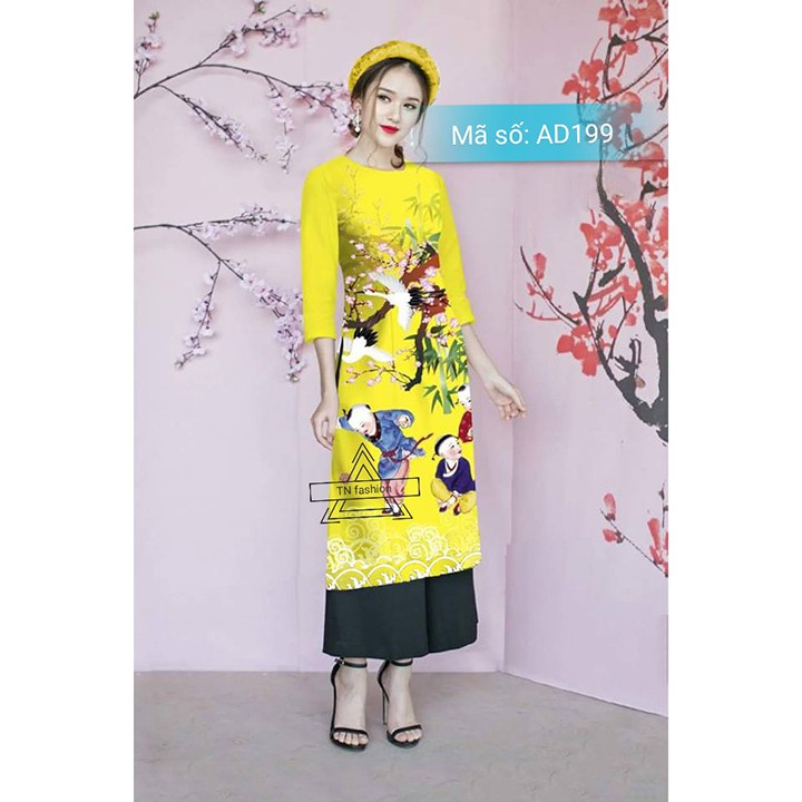 Set Áo Dài Cách Tân nền vàng họa tiết trò chơi dân gian ngày tết CÓ SIZE LỚN AD199