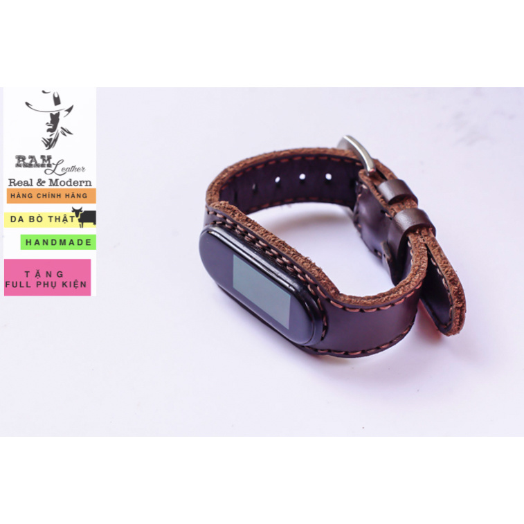 Dây miband RAM Leather da bò thật nâu trơn cao cấp cho miband 3 , miband 4 , miband 5, miband 6