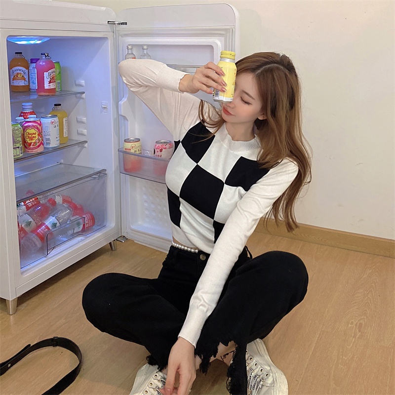 Áo Dệt Kim Tay Dài Dáng Ngắn Họa Tiết Sọc Caro Phong Cách Retro