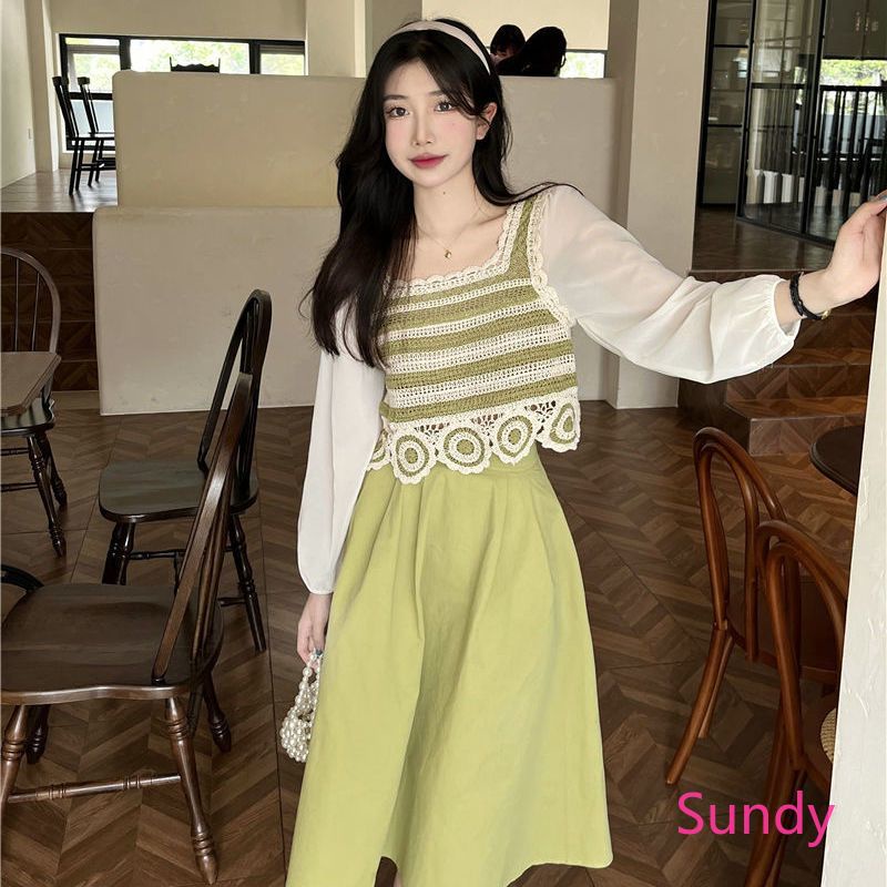 Áo Sơ Mi Chiffon Dệt Kim Tay Dài Cổ Vuông Phong Cách Hàn Quốc Thời Trang Mùa Thu Dành Cho Nữ