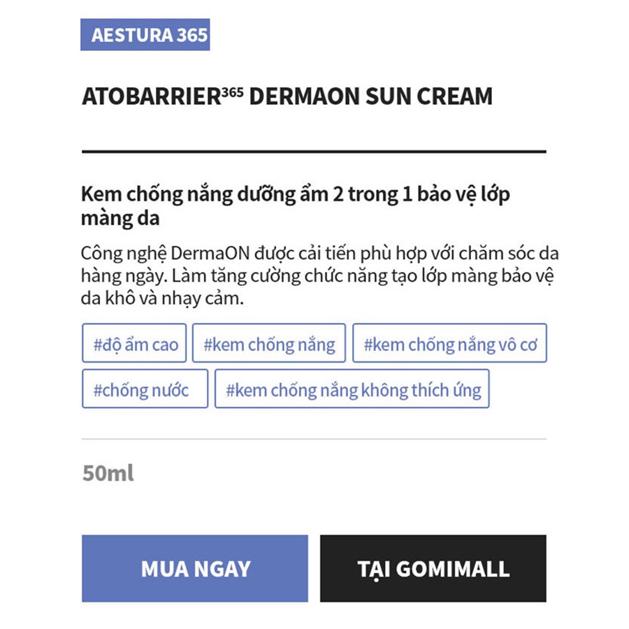 Kem Chống Nắng Bảo Vệ Da Aestura Atobarrier365 Dermaon Sun Cream 50ml GomiMall