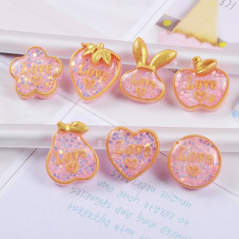 Charm (C305) slime/ Dụng Cụ Charm Trang Trí [Ko Keo &amp; Nút] Hình Họa Tiết Nhũ Vàng Kim Tuyến - 01 Cái