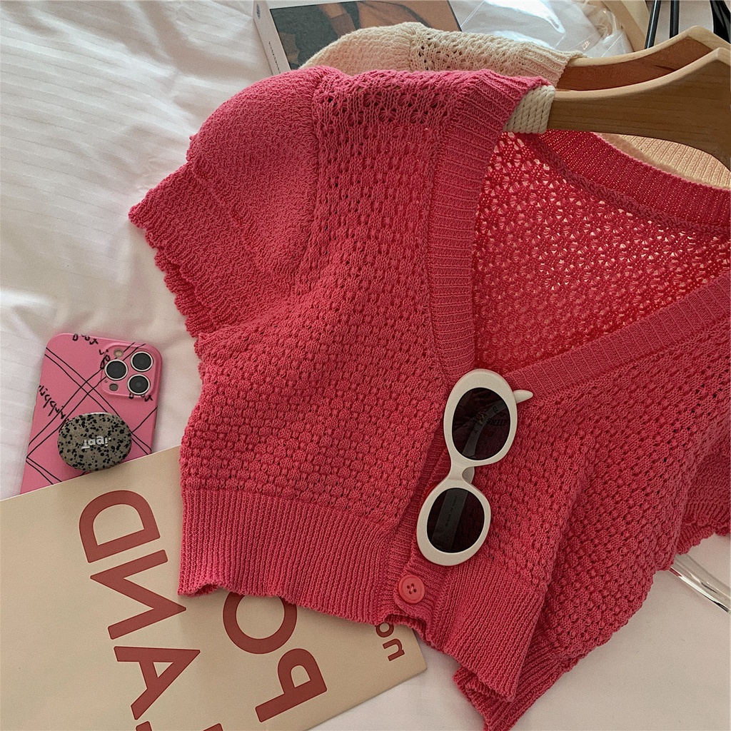 Áo Cardigan Dệt Kim Mỏng Dáng Ngắn Cổ Chữ v Thời Trang Mùa Hè Cho Nữ