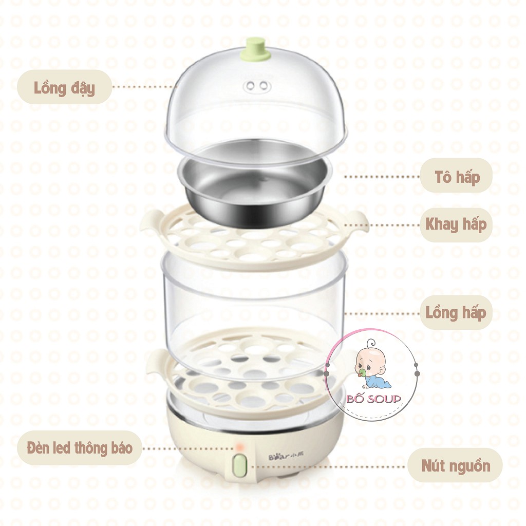 Nồi Hấp Mini 2 Tầng Bear Có Chế Độ Tự Ngắt, Nồi Dùng Cho Bé Ăn Dặm BLW