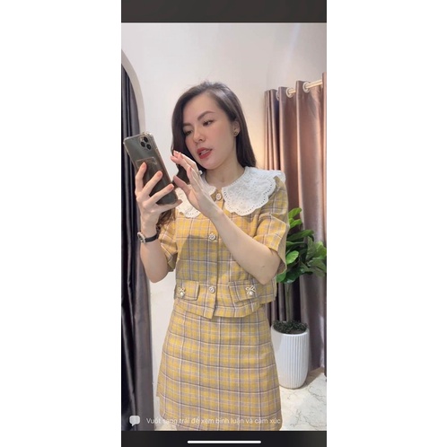 Set áo sơ mi cổ ren mix chân váy kẻ thô nt closet
