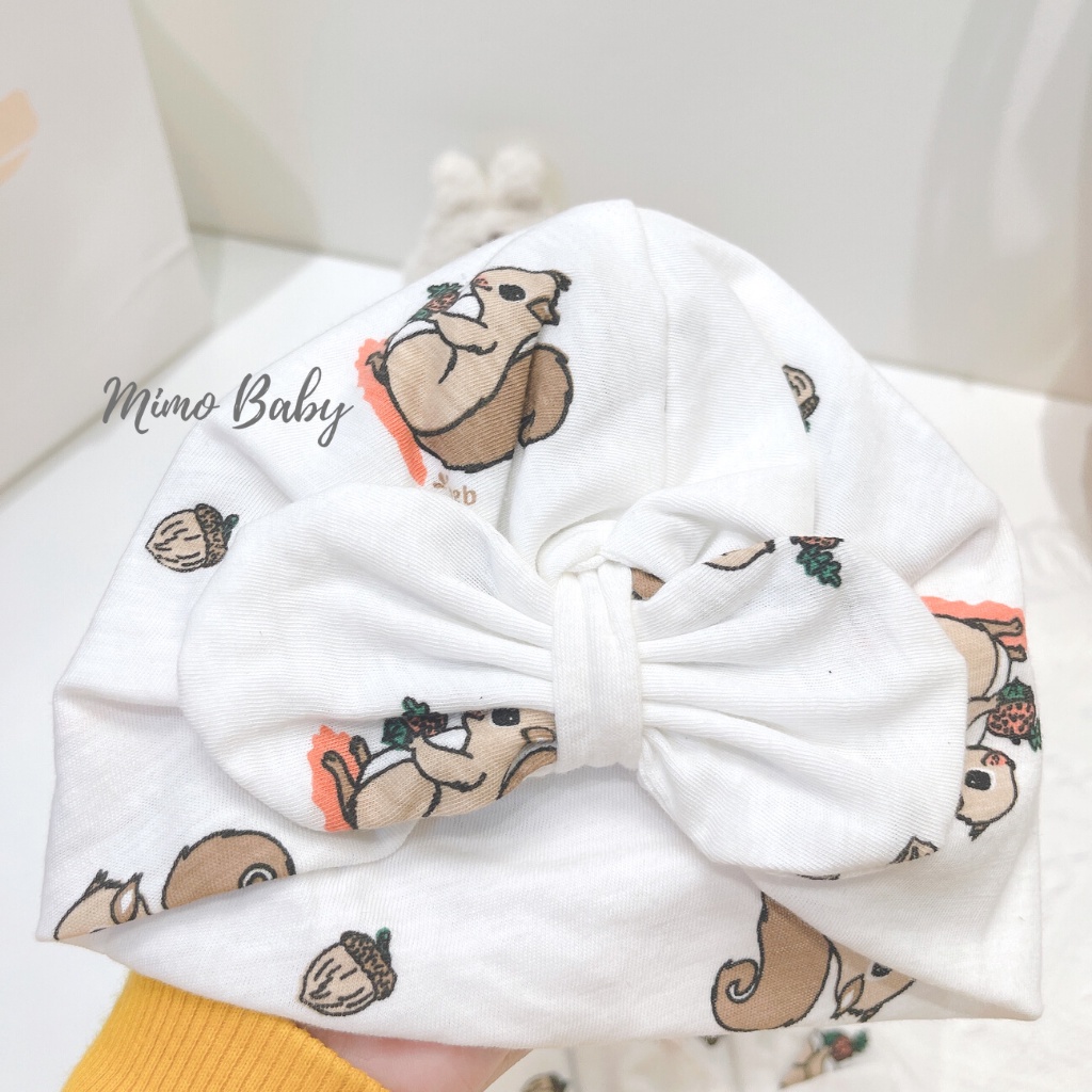 Mũ turban màu trắng họa tiết chú sóc nhỏ đáng yêu cho bé MTB99 Mimo Baby