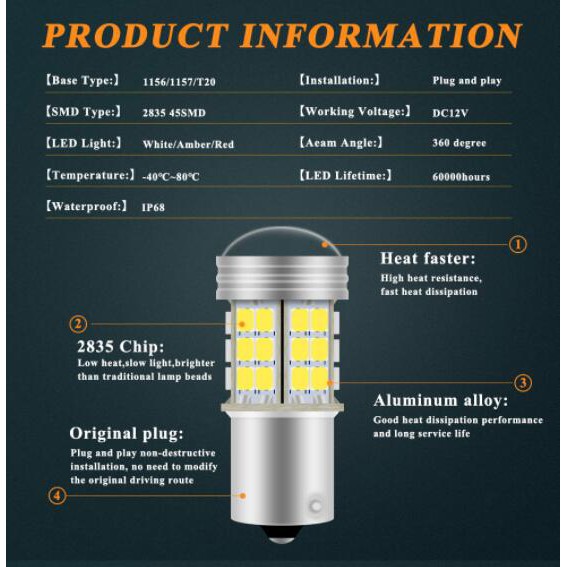 1 Đèn Tín Hiệu Led 1156 Ba15S P21W / 5w Bau15S 1157 Bay15D Py21W Canbus 2835 45smd T20 7440 7443 W21W Cho Xe Hơi