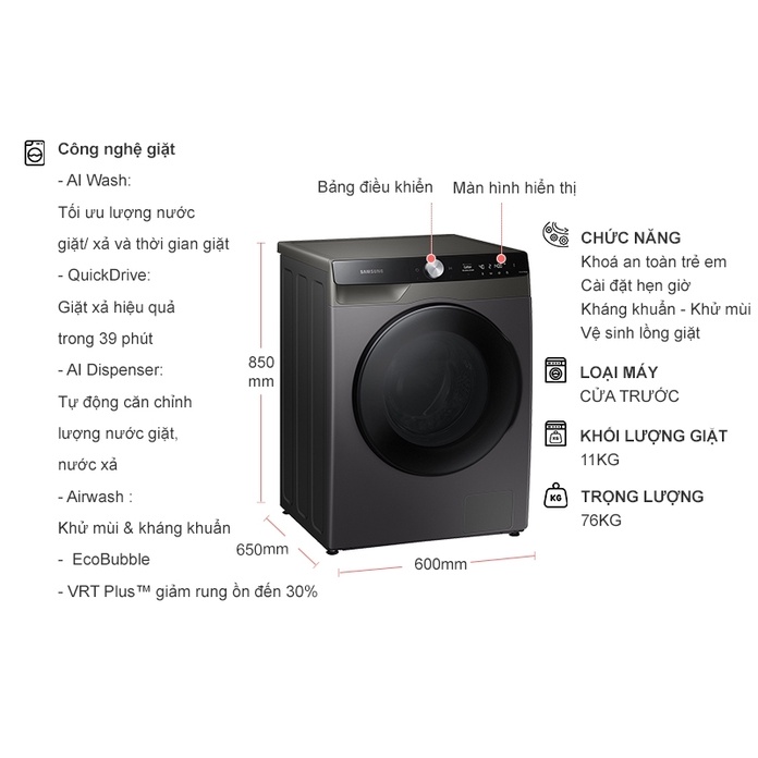 Máy giặt Samsung cửa ngang 11 kg giặt , 7 kg sấy WD11T734DBX/SV