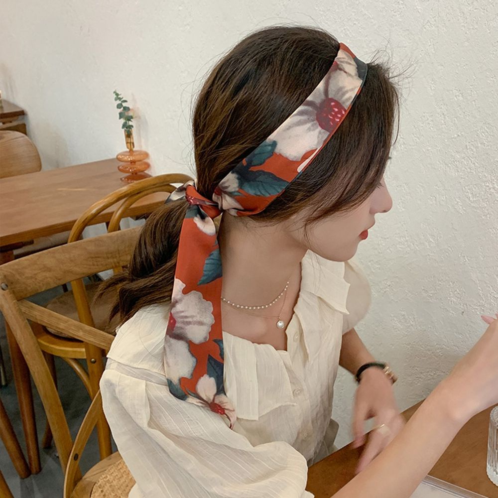 ANEMONE Simple Silk Scarf Headband Retro Korean Style Headband Bow Hair Rope Printing Long Ribbon Braided Hair Sweet France Temperament Female Headwear