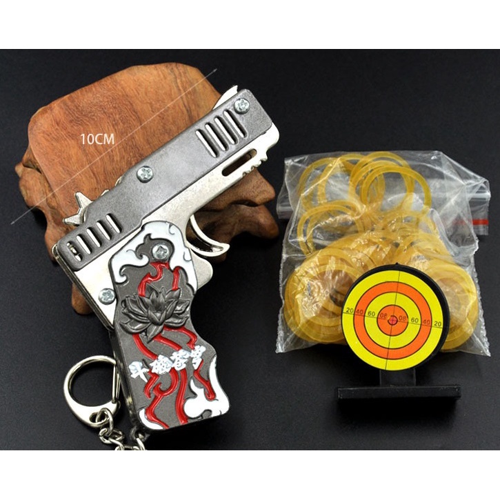 Súng bắn dây thun móc chìa khoá dạng đồ chơi gấp gọn cho trẻ em tặng kèm bia và dây chun M1