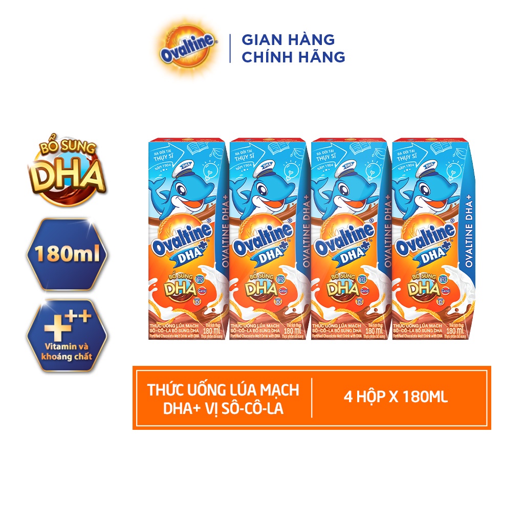 Thức uống lúa mạch hương vị sô-cô-la Ovaltine DHA+ công thức mới 180ml x 4