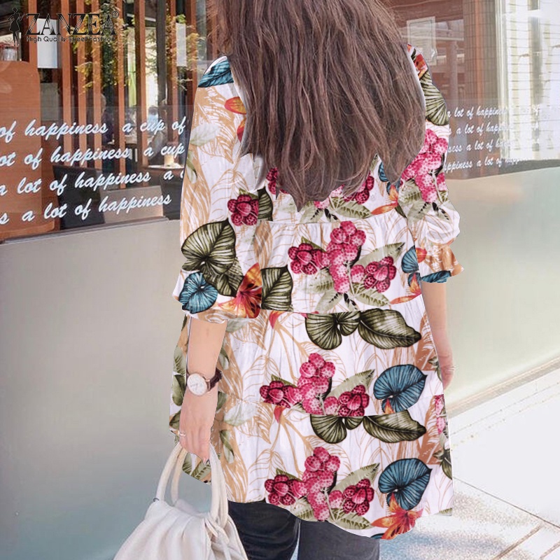 Áo kiểu ZANZEA dáng rộng tay dài cổ tròn lai nhún nếp in họa tiết đơn giản thời trang cho nữ