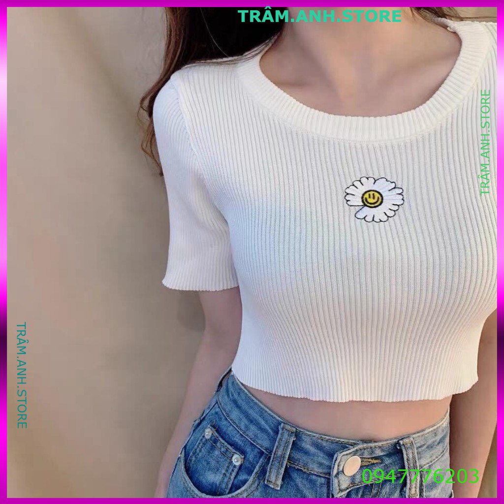 ÁO CROPTOP HOA HƯỚNG DƯƠNG MẶT CƯỜI 4 màu hot - ÁO THUN BODY KIỂU TÍM XANH NEON ĐEN TRẮNG 👗 👑