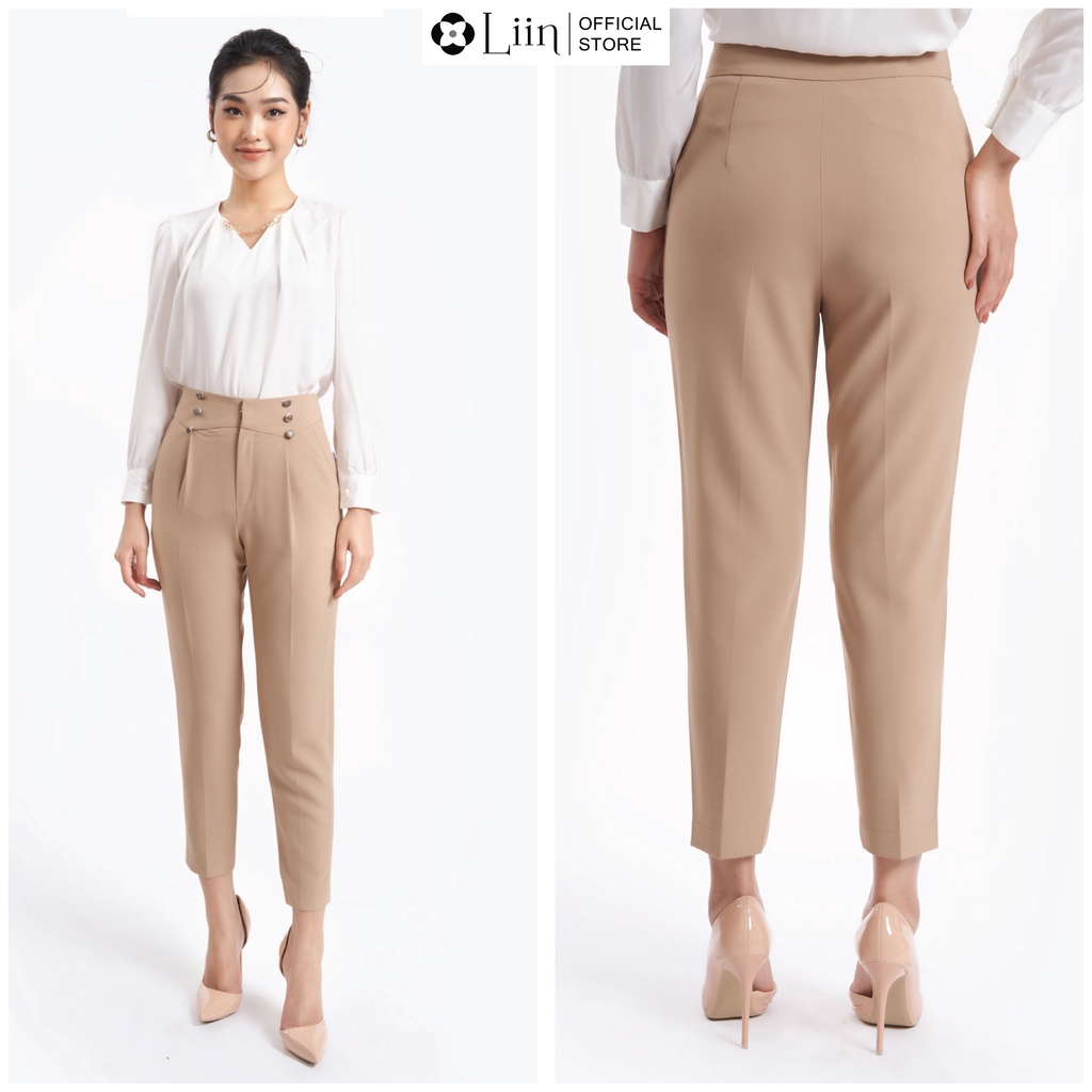Quần dài nữ cao cấp màu be xước hàn mix cúc kiểu dáng thanh lịch Liin Clothing Q3629