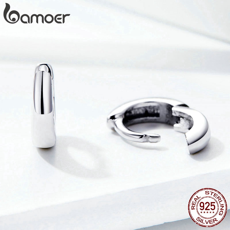 Bông Tai Bamoer SCE552 Bằng Bạc 925 Hình Tròn Sáng Bóng Phong Cách Đơn Giản Thời Trang 2019 Cho Nữ