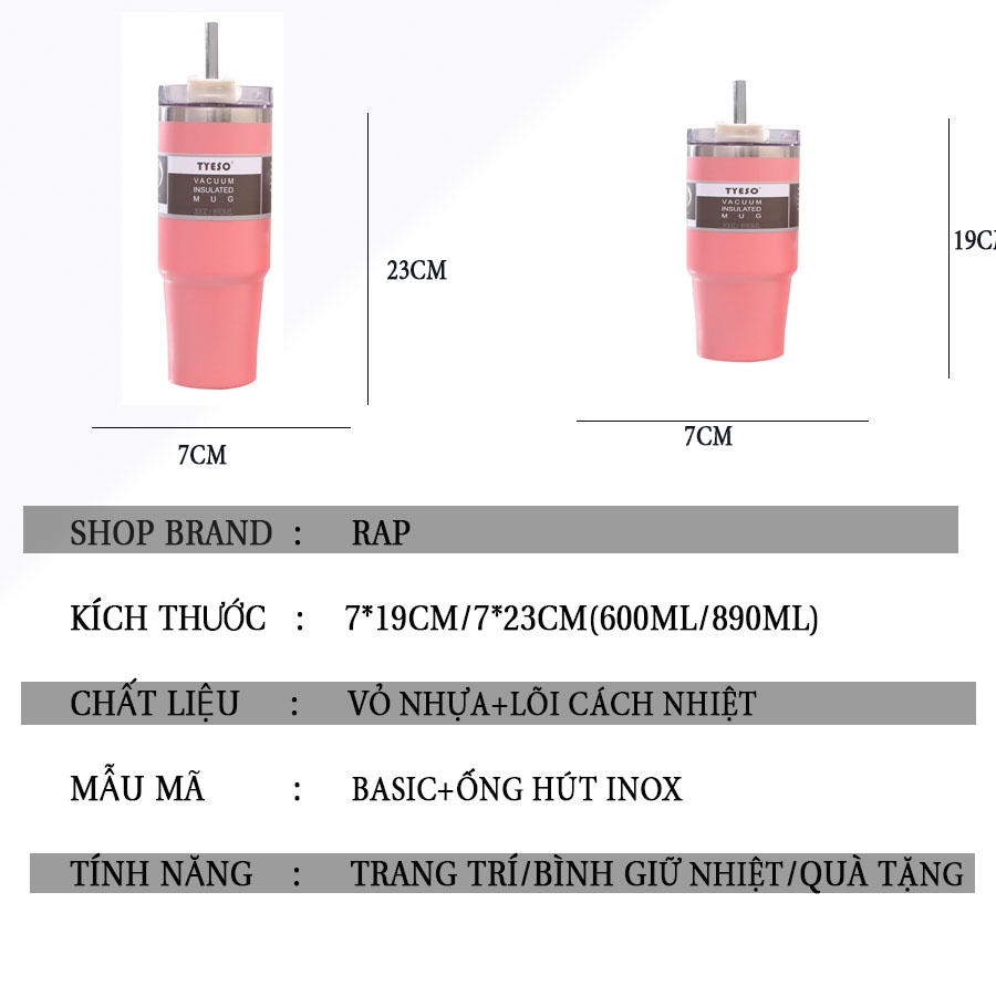 Bình ly giữ nhiệt TYESCO  2 dung tích 600ml 900ml, chất liệu inox 304 cao cấp, đi kèm ống hút giữ nóng lạnh 8h Ráp