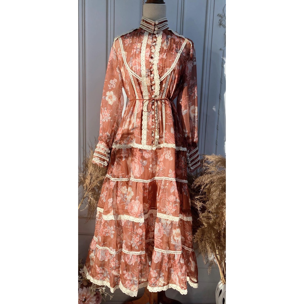 Váy Tơ Hoa Viền Ren Dài Tay siêu xinh