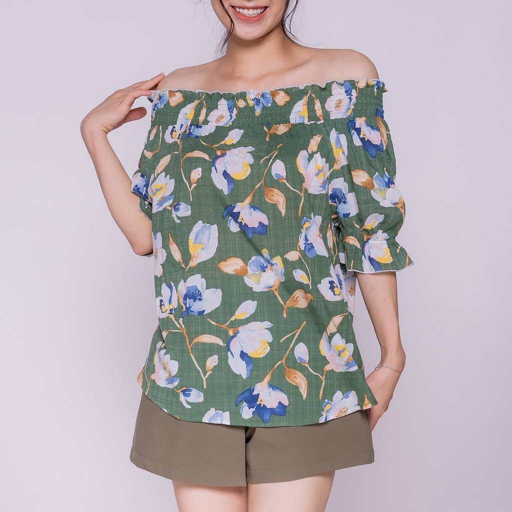 Áo kiểu sơ mi nữ họa tiết chun vai TKFASHION SMKA57