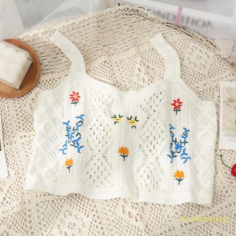 Áo Croptop Dệt Kim Sát Nách Dáng Rộng Thêu Hoa Nhỏ Nhiều Màu Kiểu Vintage Cho Nữ