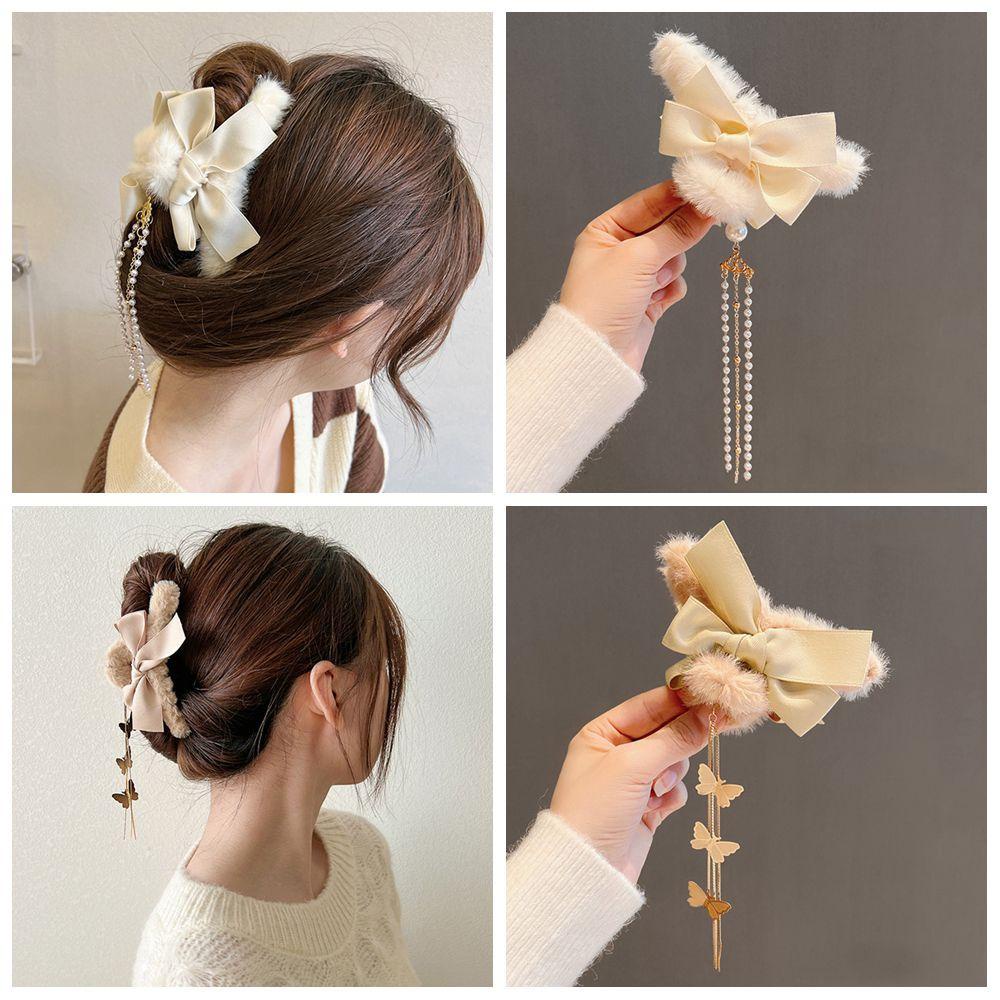 Kẹp Tóc Càng Cua Dài Đính Lông Giả Thời Trang Thu Đông