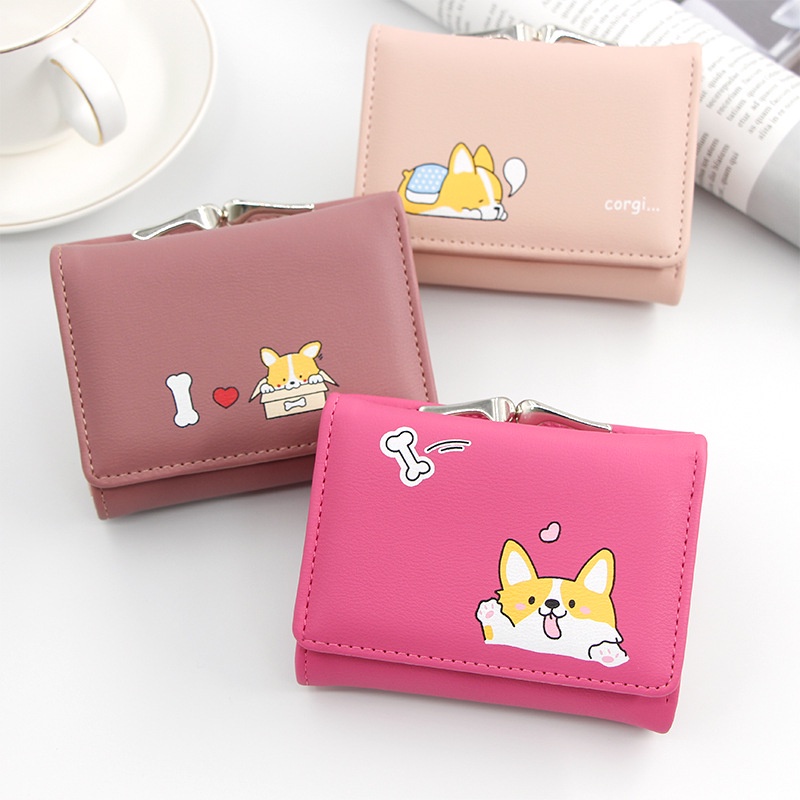 Ví da đựng tiền xu KAITIFEI dáng ngắn cầm tay nhiều ngăn mini nhỏ gọn in hình chú chó corgi hoạt hình đáng yêu dễ thương