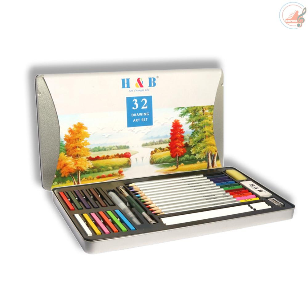 H&B 32Pcs Art Drawing Kit Watercolor Pencils Water-soluble Colored Pencil with White Charcoal Pencils/Sharpener/Eraser Painting Supplies for Kids Adults