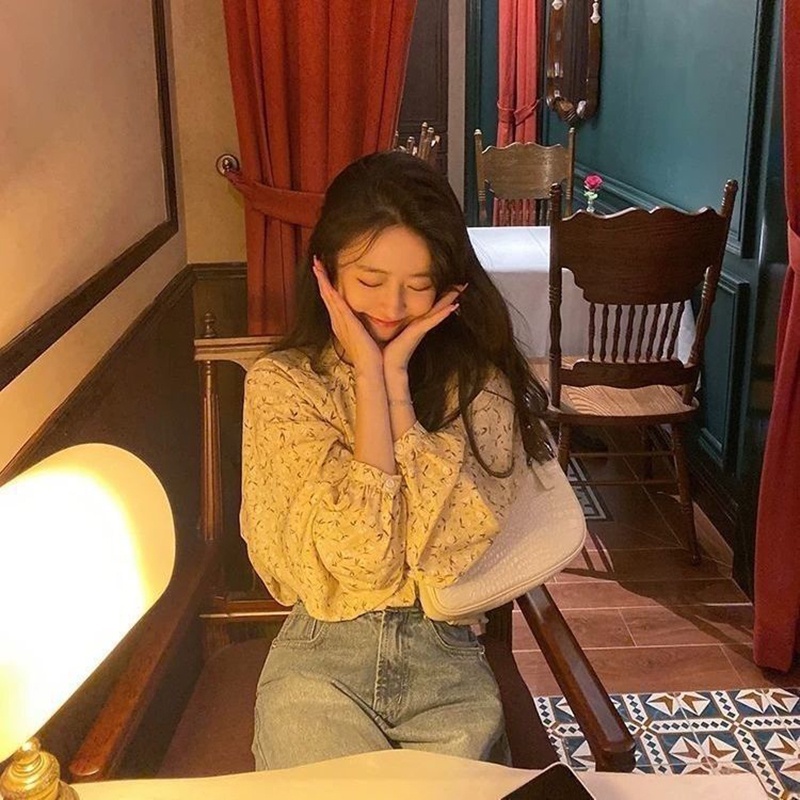 Áo voan IELGY cổ chữ V in hoa kiểu Pháp ngọt ngào vintage cho nữ