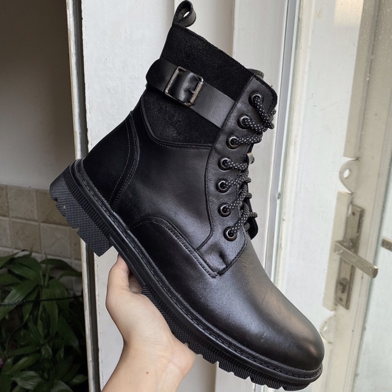 Giày boot nam cao cổ Chunky Zip da bò thật TEFOSS HT789 khoá kéo, buộc dây size 38-45 tăng cao 5cm thời trang,đế khâu