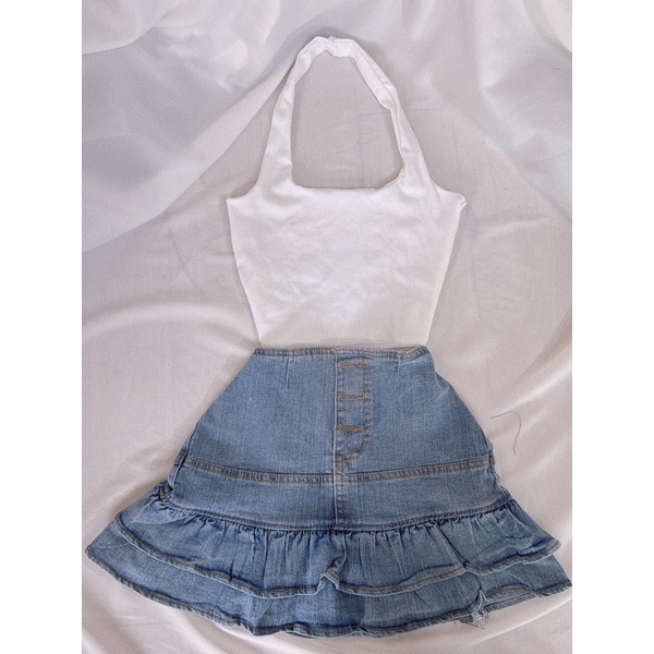 Set áo yếm tròng cổ và chân váy jean tầng phối nút alohashop91
