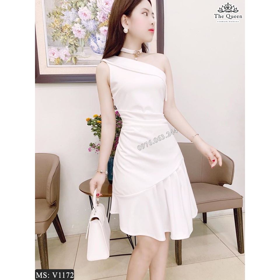 Đầm đuôi cá V1172 màu trắng lệch vai - The Queen Fashion - Có hình chụp thật của shop