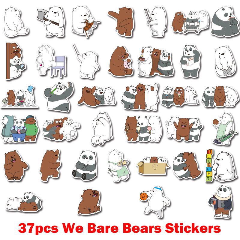 Bộ 37 Miếng Dán Trang Trí Điện Thoại/Va Ly Bằng PVC Chống Thấm Nước Họa Tiết We Bare Bears Dễ Thương